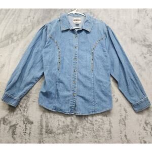 Vintage Levi's Shirt Womens Size XL Blue Embroidered Flowers Puff Long Sleeves